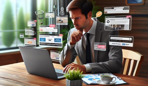 Ein Unternehmer prüft verschiedene Webseiten-Angebote auf seinem Laptop